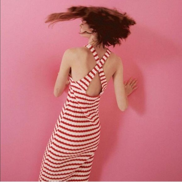 Zara Striped Ribbed Midi Tank Column Dress Red White Women's Size Medium - Picture 4 of 10